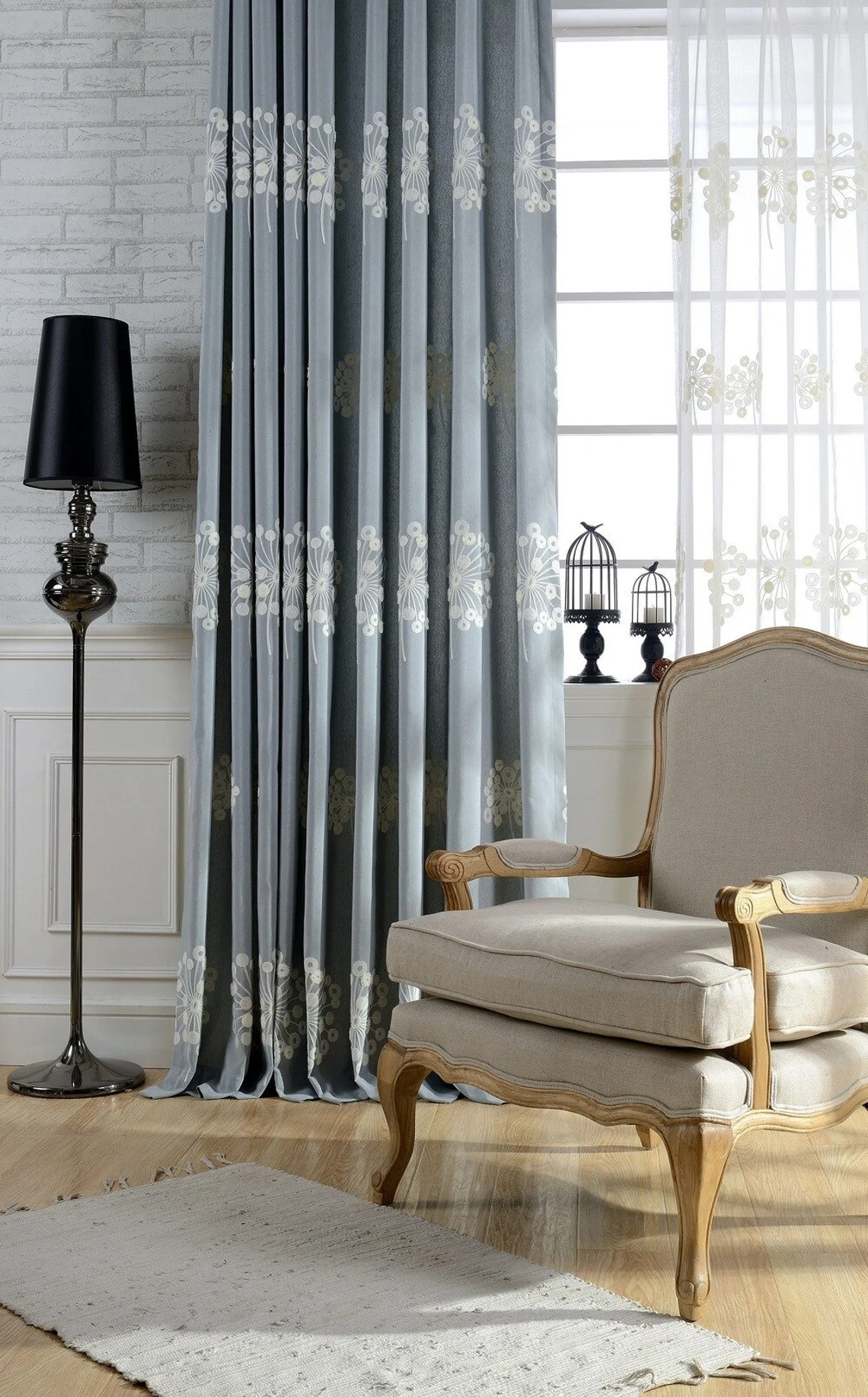 grey-floral-curtains,embroidered-curtains