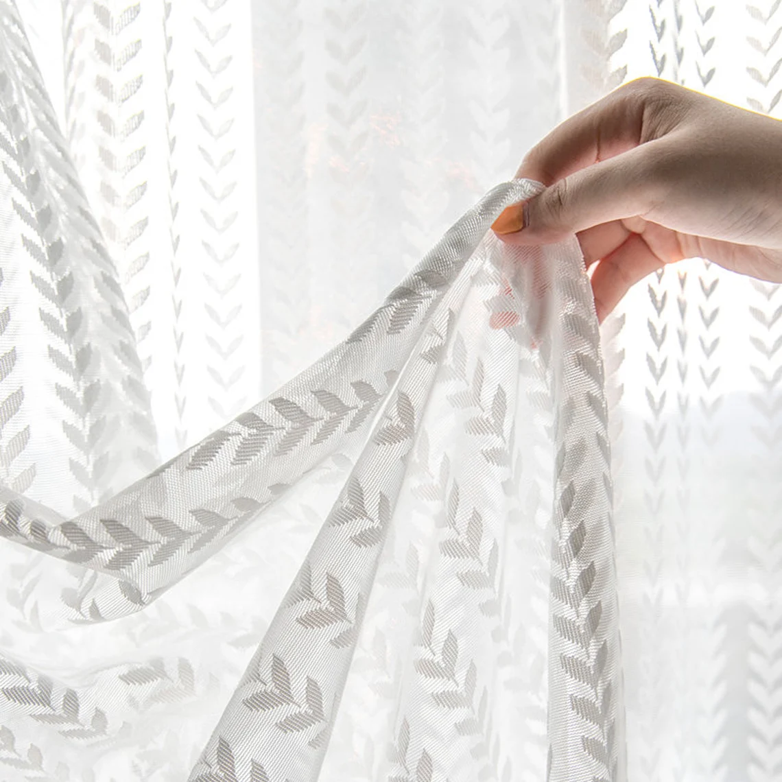 white-voile-curtains,leaf-print-curtains