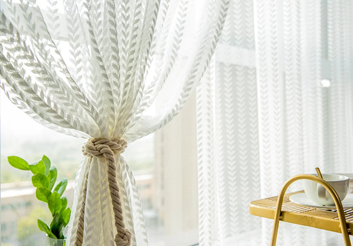 white-voile-curtains,leaf-print-curtains