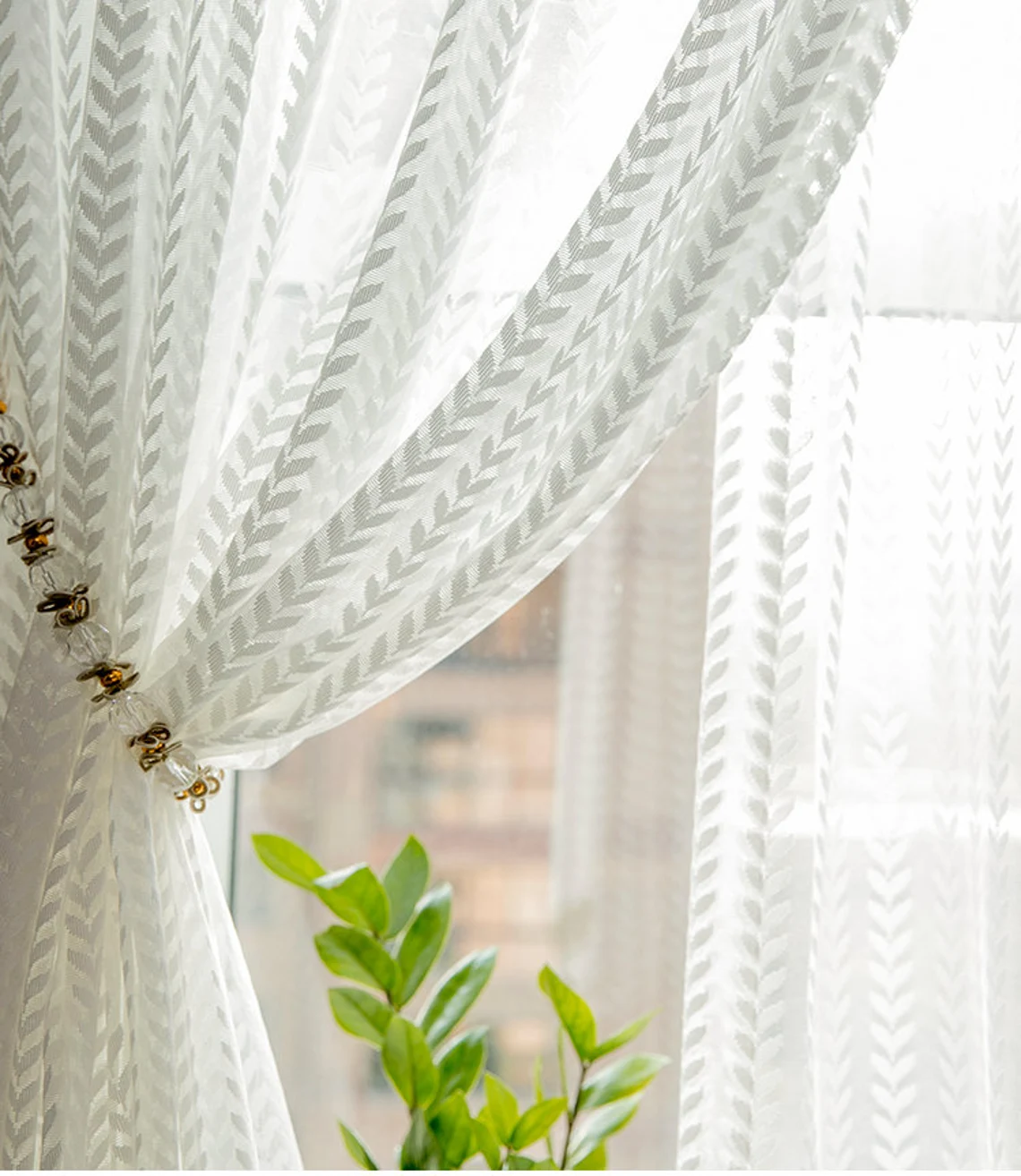 white-voile-curtains,leaf-print-curtains