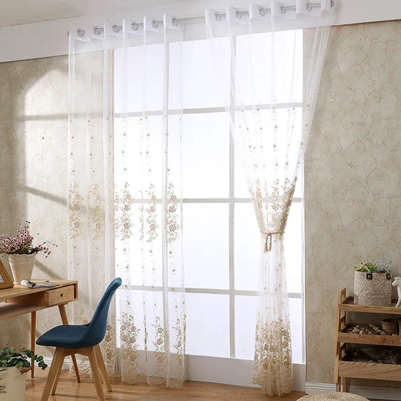 Cheer Floral Curtains | Gold Embroidered White Curtains - Image 2