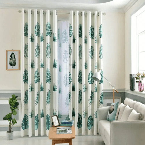 turquoise-printed-drapes, printed-curtains, semi-blackout-curtains, edit-home